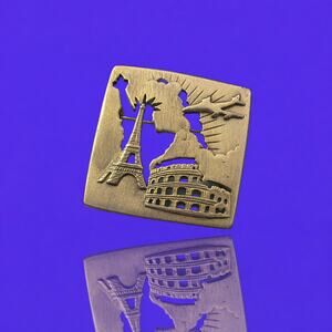Vintage Gold-Tone World Travel Brooch | Cut-Out Silhouette Pin | Eiffel Tower